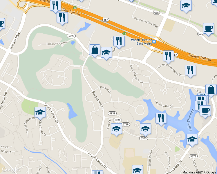 map of restaurants, bars, coffee shops, grocery stores, and more near 2039 Durand Drive in Reston