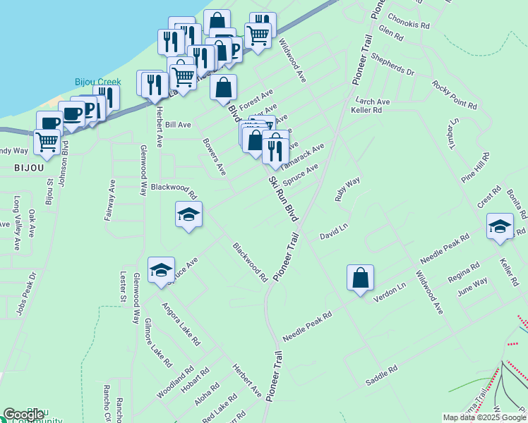 map of restaurants, bars, coffee shops, grocery stores, and more near 3605 Terry Avenue in South Lake Tahoe