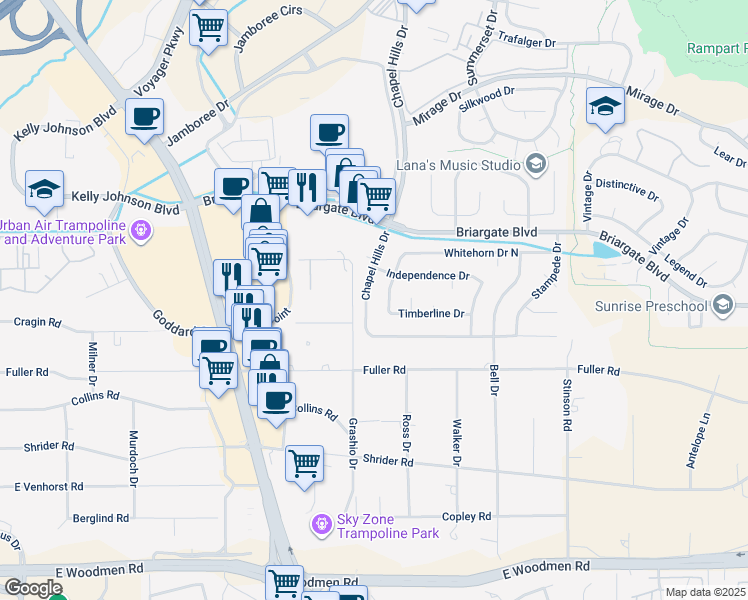 map of restaurants, bars, coffee shops, grocery stores, and more near 1866 Chapel Hills Drive in Colorado Springs