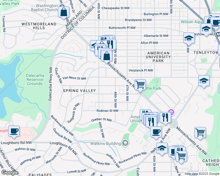 map of restaurants, bars, coffee shops, grocery stores, and more near 4816 Upton Street Northwest in Washington