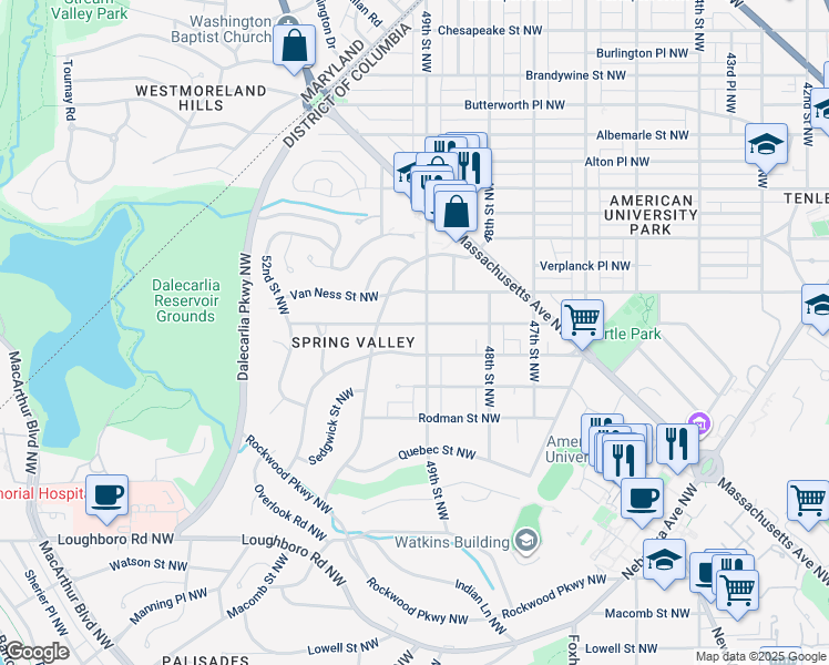 map of restaurants, bars, coffee shops, grocery stores, and more near 4908 Upton Street Northwest in Washington