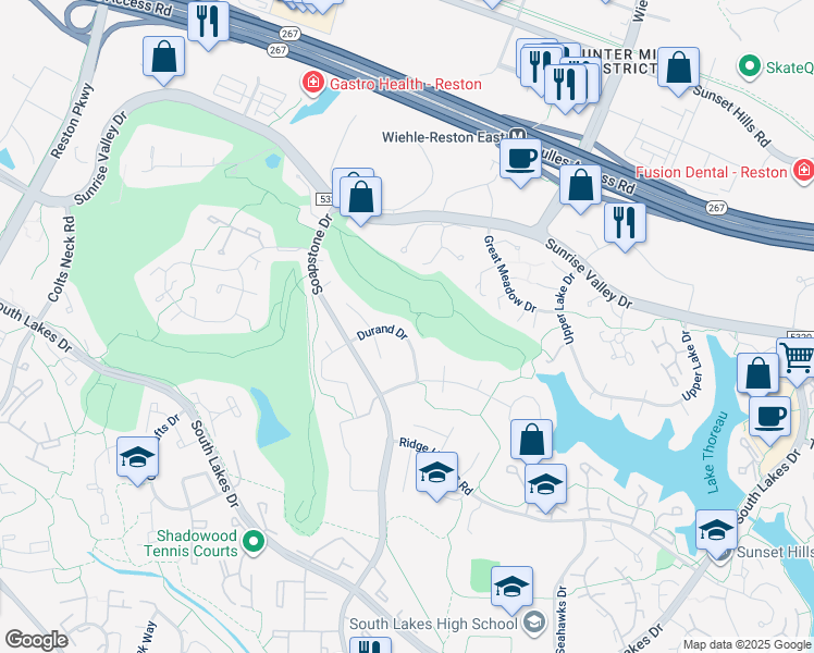 map of restaurants, bars, coffee shops, grocery stores, and more near 2039 Durand Drive in Reston