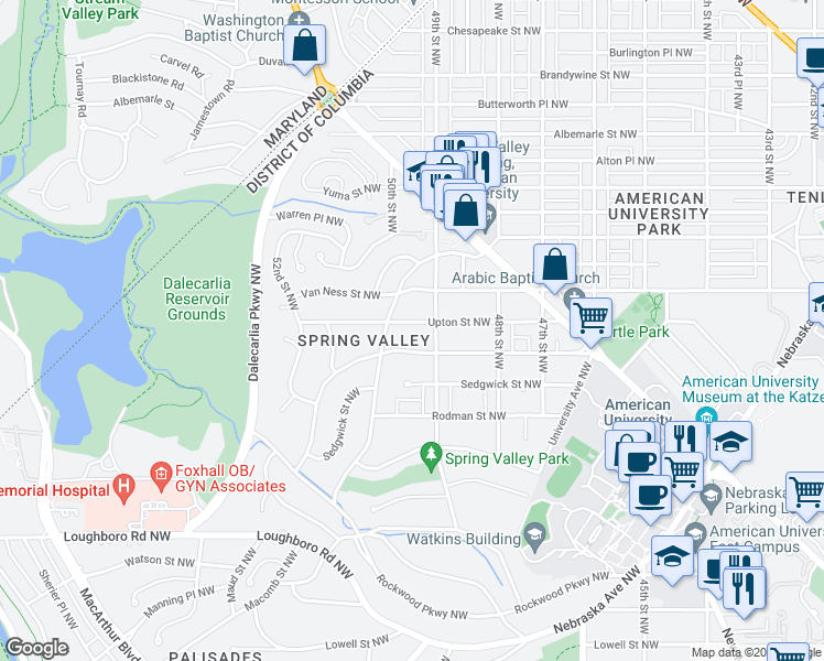 map of restaurants, bars, coffee shops, grocery stores, and more near 4920 Upton Street Northwest in Washington