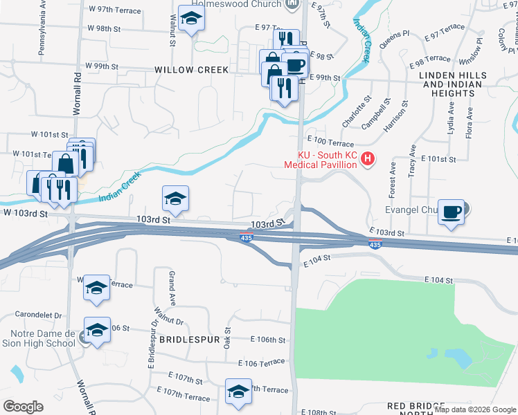 map of restaurants, bars, coffee shops, grocery stores, and more near 10265 CedarBrooke Lane in Kansas City