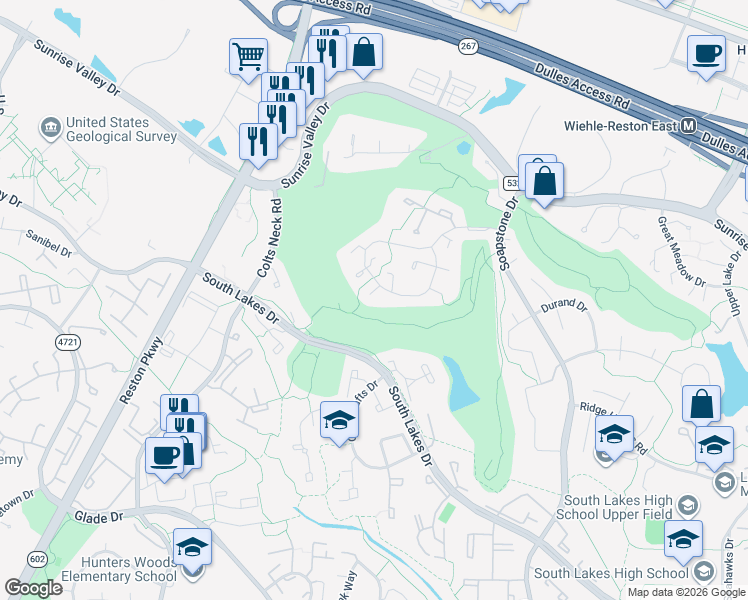 map of restaurants, bars, coffee shops, grocery stores, and more near 2116 Golf Course Drive in Reston