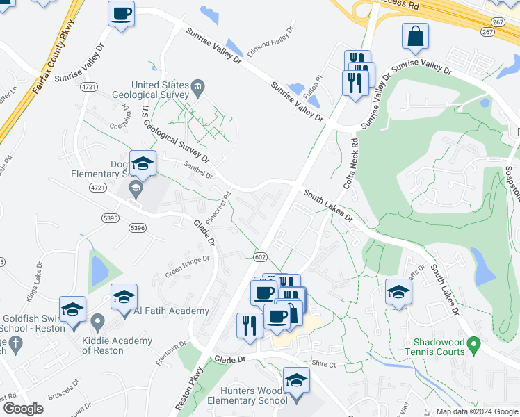 map of restaurants, bars, coffee shops, grocery stores, and more near 2301 Southgate Square in Reston