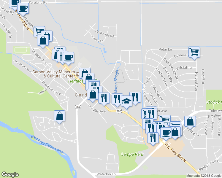 map of restaurants, bars, coffee shops, grocery stores, and more near 1431 Ezell Street in Gardnerville