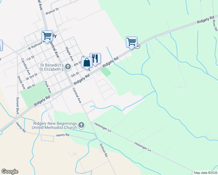 map of restaurants, bars, coffee shops, grocery stores, and more near 4 8th Street in Ridgely