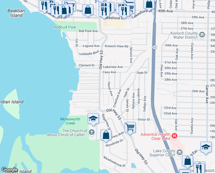 map of restaurants, bars, coffee shops, grocery stores, and more near 5714 Huron Avenue in Clearlake
