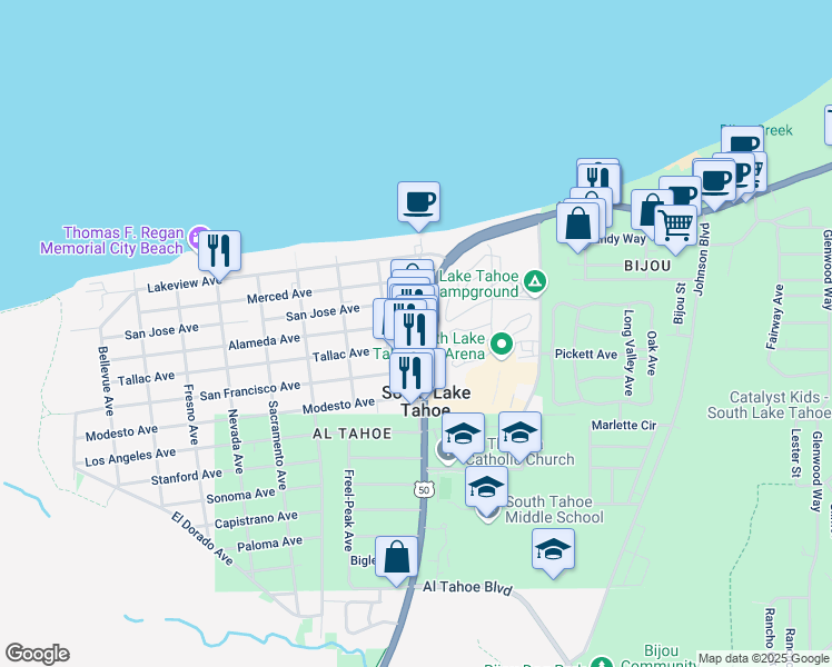 map of restaurants, bars, coffee shops, grocery stores, and more near 3101 Harrison Avenue in South Lake Tahoe