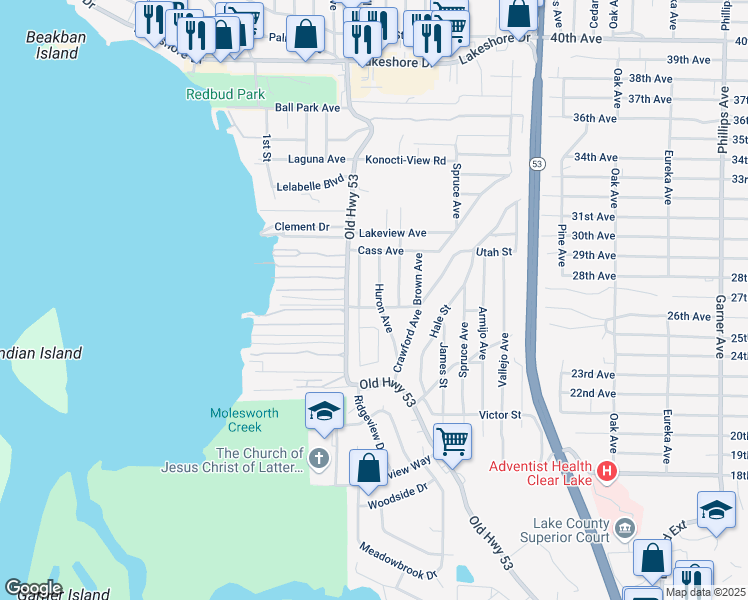 map of restaurants, bars, coffee shops, grocery stores, and more near 5714 Huron Avenue in Clearlake