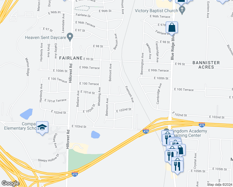 map of restaurants, bars, coffee shops, grocery stores, and more near 6210 East 101st Street in Kansas City