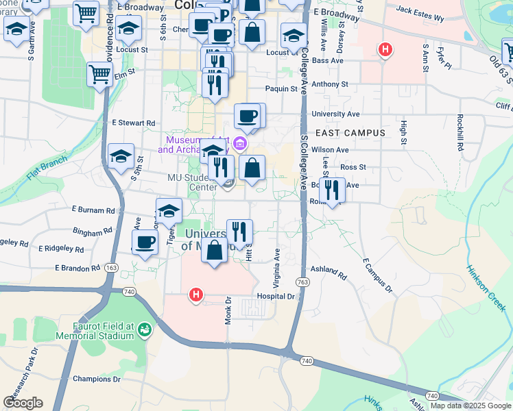 map of restaurants, bars, coffee shops, grocery stores, and more near 1100 Rollins Street in Columbia