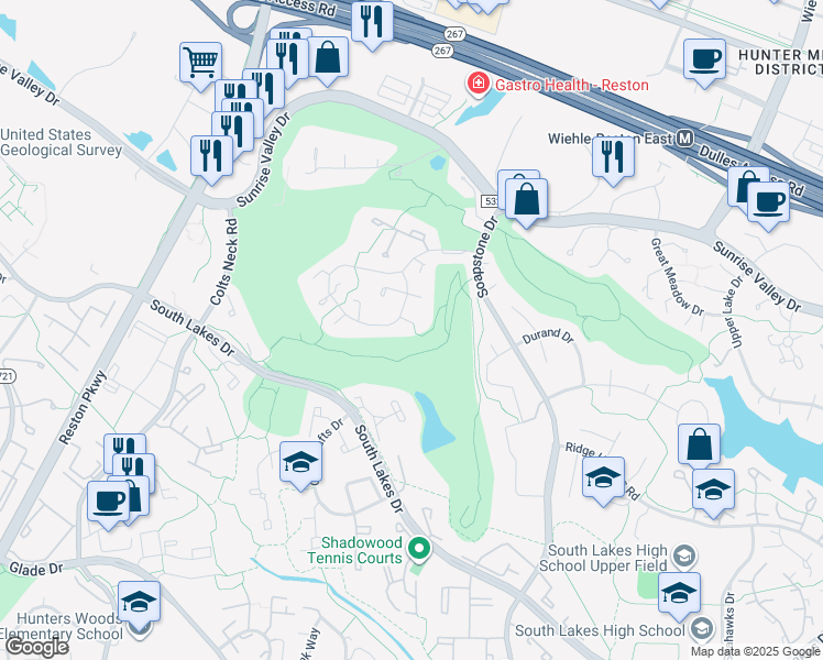 map of restaurants, bars, coffee shops, grocery stores, and more near 2061 Golf Course Drive in Reston