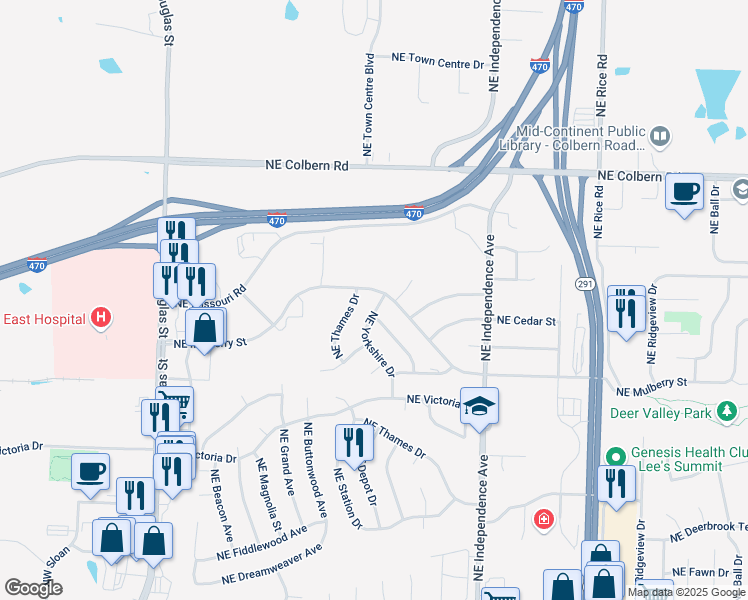 map of restaurants, bars, coffee shops, grocery stores, and more near 1616 Northeast Yorkshire Drive in Lee's Summit