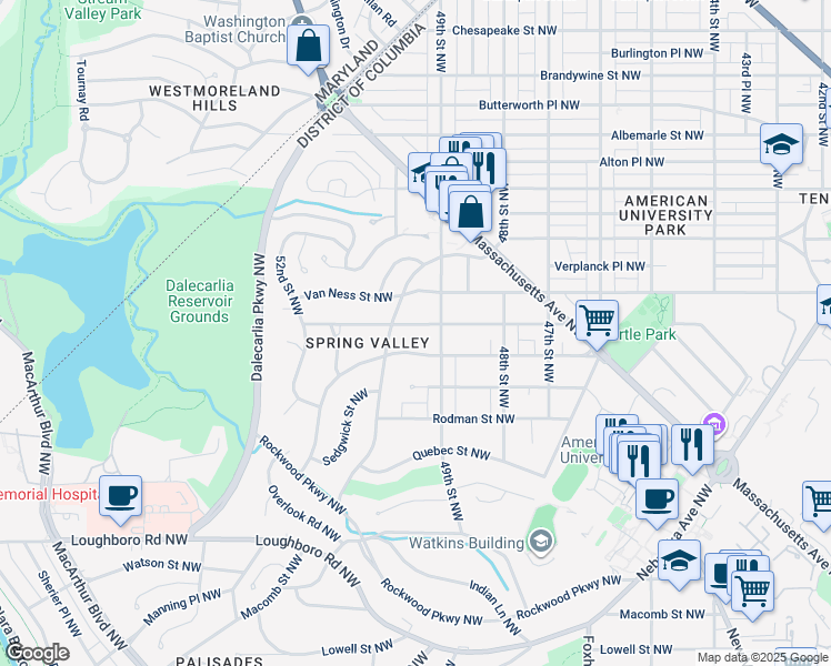 map of restaurants, bars, coffee shops, grocery stores, and more near 4920 Upton Street Northwest in Washington