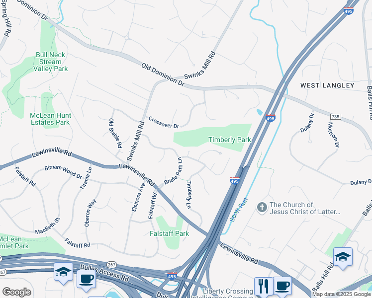 map of restaurants, bars, coffee shops, grocery stores, and more near 7708 Huntmaster Lane in McLean
