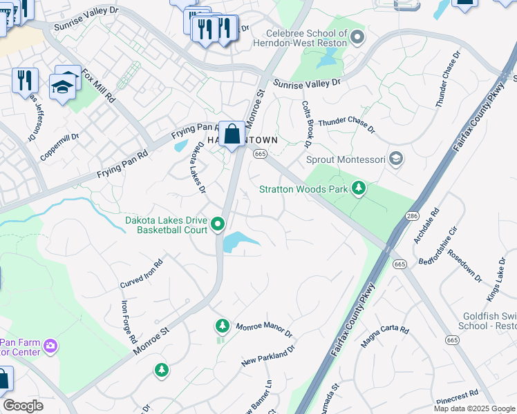 map of restaurants, bars, coffee shops, grocery stores, and more near 2421 Dakota Lakes Drive in Herndon