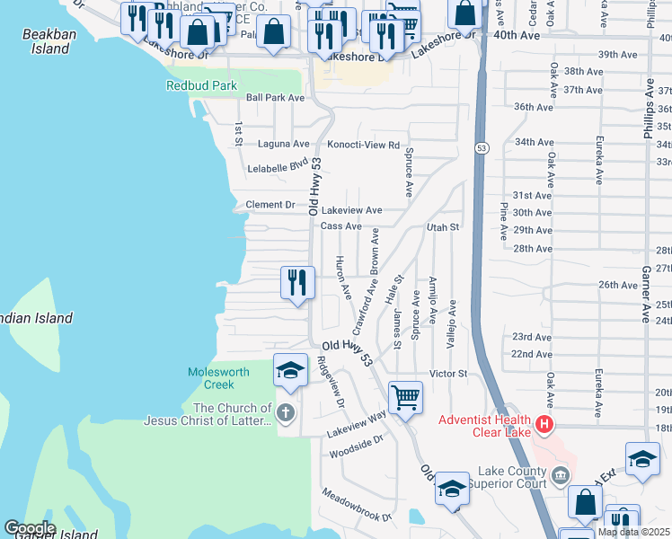 map of restaurants, bars, coffee shops, grocery stores, and more near 5714 Huron Avenue in Clearlake