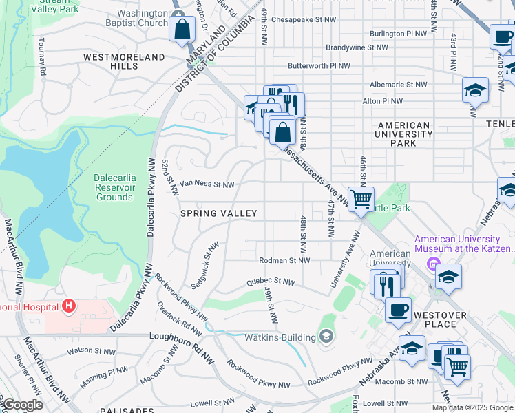map of restaurants, bars, coffee shops, grocery stores, and more near 4908 Upton Street Northwest in Washington