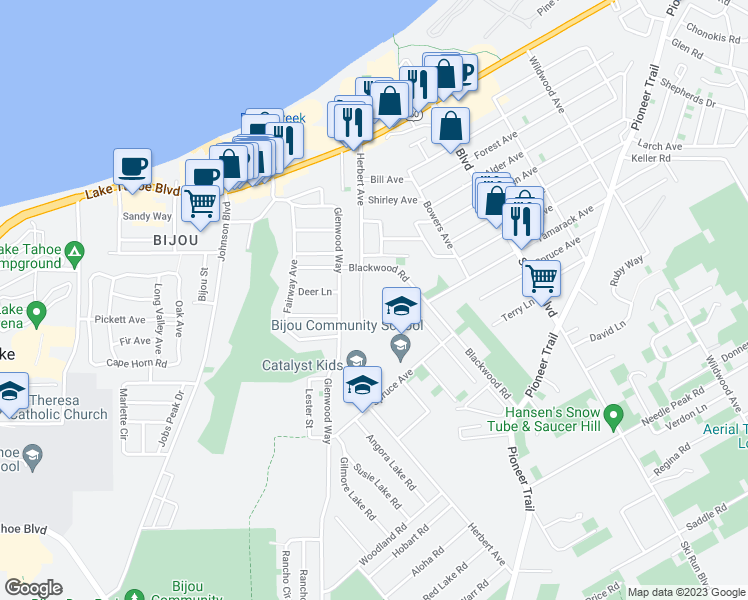 map of restaurants, bars, coffee shops, grocery stores, and more near 1151 Herbert Avenue in South Lake Tahoe