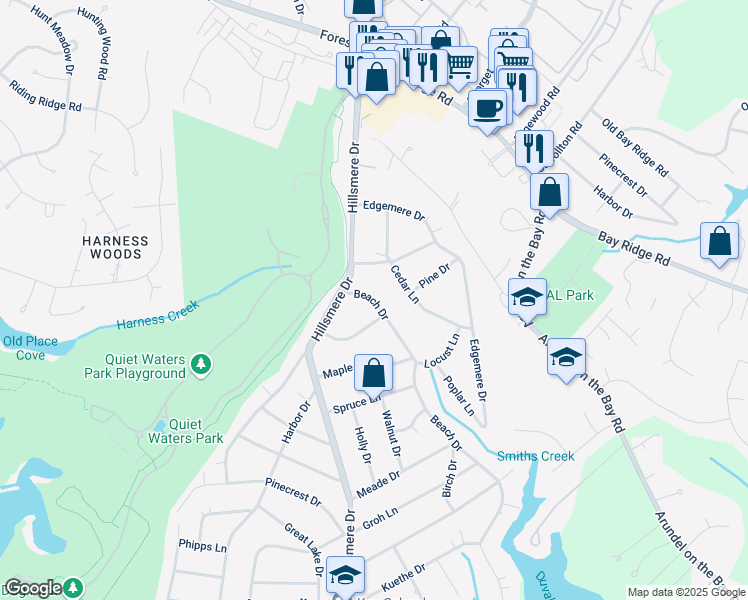 map of restaurants, bars, coffee shops, grocery stores, and more near Beach Drive in Annapolis