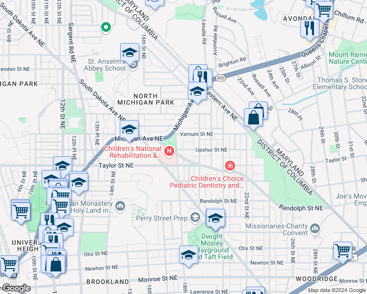 map of restaurants, bars, coffee shops, grocery stores, and more near 1804 Upshur Street Northeast in Washington