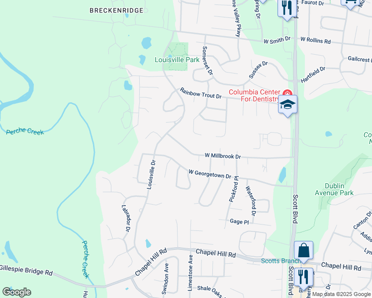 map of restaurants, bars, coffee shops, grocery stores, and more near 4934 West Millbrook Drive in Columbia