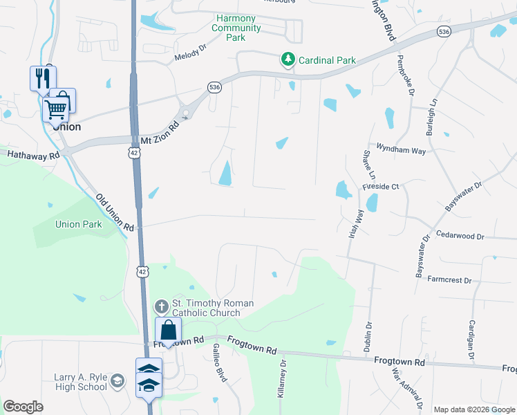 map of restaurants, bars, coffee shops, grocery stores, and more near 1839 Whispering Trail in Union