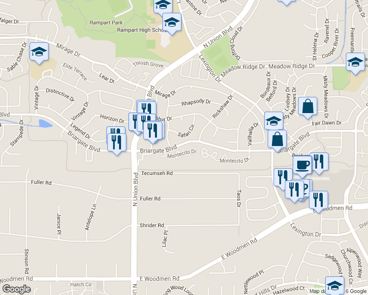 map of restaurants, bars, coffee shops, grocery stores, and more near 7488 Alameda Court in Colorado Springs