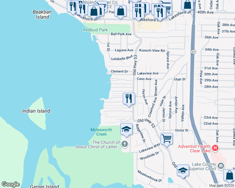 map of restaurants, bars, coffee shops, grocery stores, and more near 5845 Old Highway 53 in Clearlake
