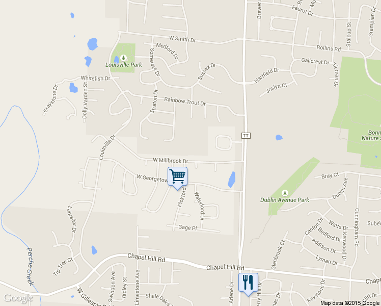 map of restaurants, bars, coffee shops, grocery stores, and more near 4601 West Millbrook Drive in Columbia