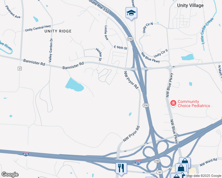 map of restaurants, bars, coffee shops, grocery stores, and more near 9727 Leslie Avenue in Kansas City