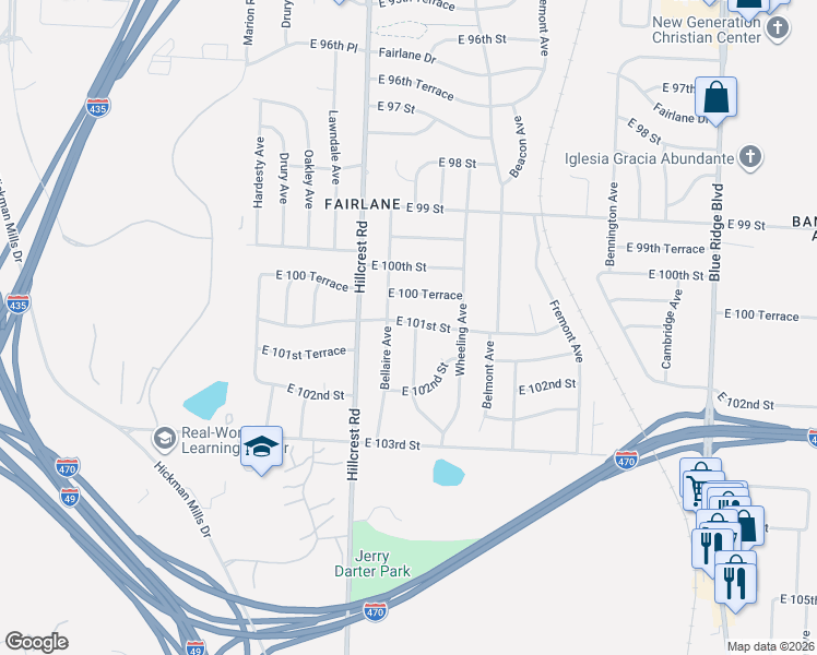 map of restaurants, bars, coffee shops, grocery stores, and more near 10107 Bellaire Avenue in Kansas City