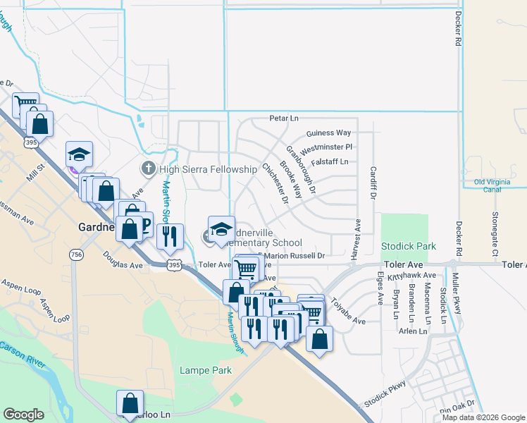 map of restaurants, bars, coffee shops, grocery stores, and more near 1324 Windsor Drive in Gardnerville