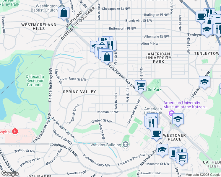 map of restaurants, bars, coffee shops, grocery stores, and more near 4816 Upton Street Northwest in Washington
