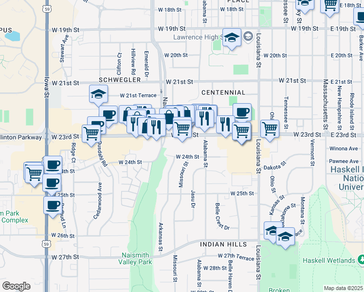 map of restaurants, bars, coffee shops, grocery stores, and more near 1002 West 24th Street in Lawrence