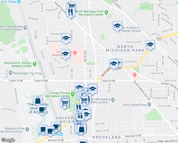 map of restaurants, bars, coffee shops, grocery stores, and more near 4302 12th Place Northeast in Washington