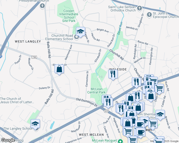 map of restaurants, bars, coffee shops, grocery stores, and more near 1230 Raymond Avenue in McLean