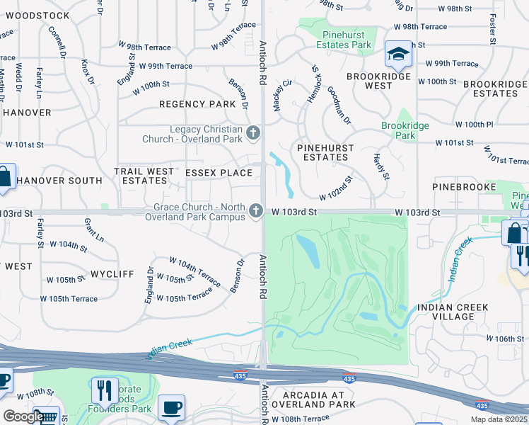 map of restaurants, bars, coffee shops, grocery stores, and more near Antioch Rd & W 103rd St in Overland Park