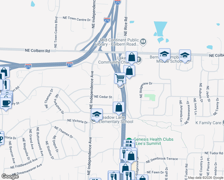 map of restaurants, bars, coffee shops, grocery stores, and more near 814 Northeast Cedar Street in Lee's Summit
