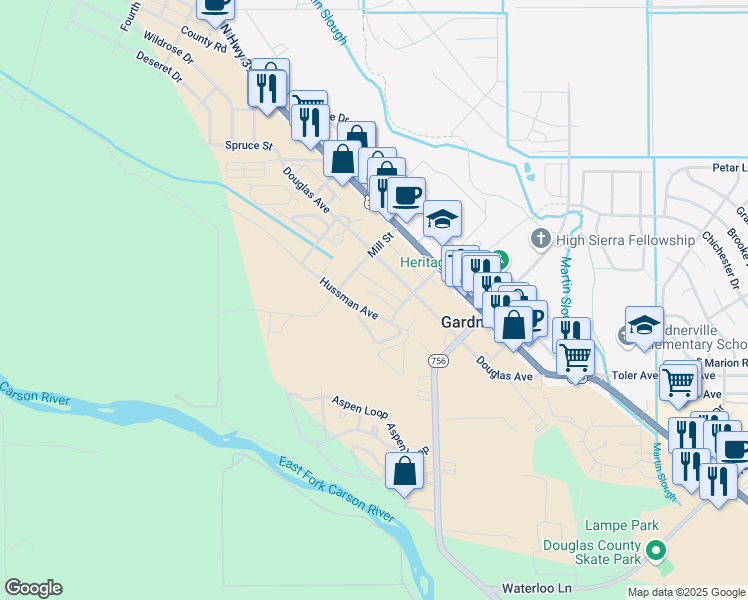 map of restaurants, bars, coffee shops, grocery stores, and more near 1475 Hussman Avenue in Gardnerville