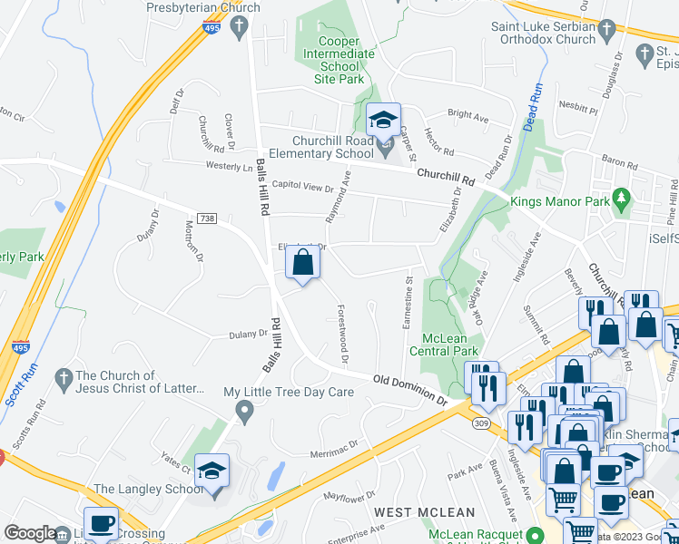 map of restaurants, bars, coffee shops, grocery stores, and more near 1206 Raymond Avenue in McLean