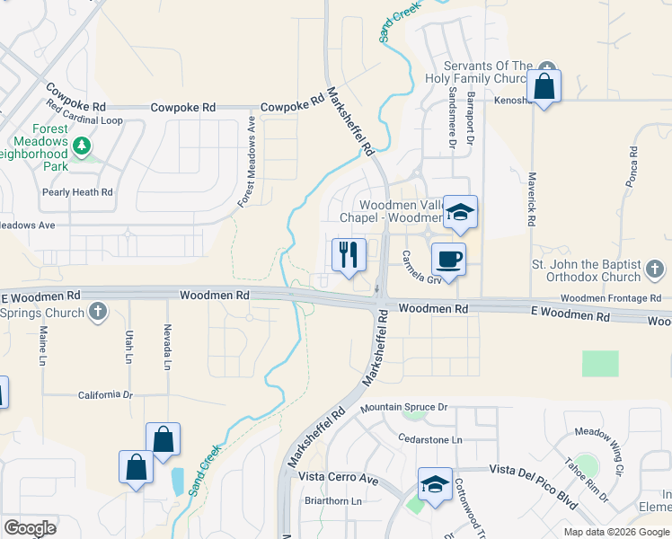 map of restaurants, bars, coffee shops, grocery stores, and more near 7800 East Woodmen Road in Colorado Springs