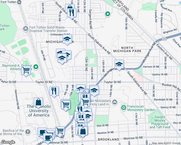 map of restaurants, bars, coffee shops, grocery stores, and more near 4302 12th Place Northeast in Washington