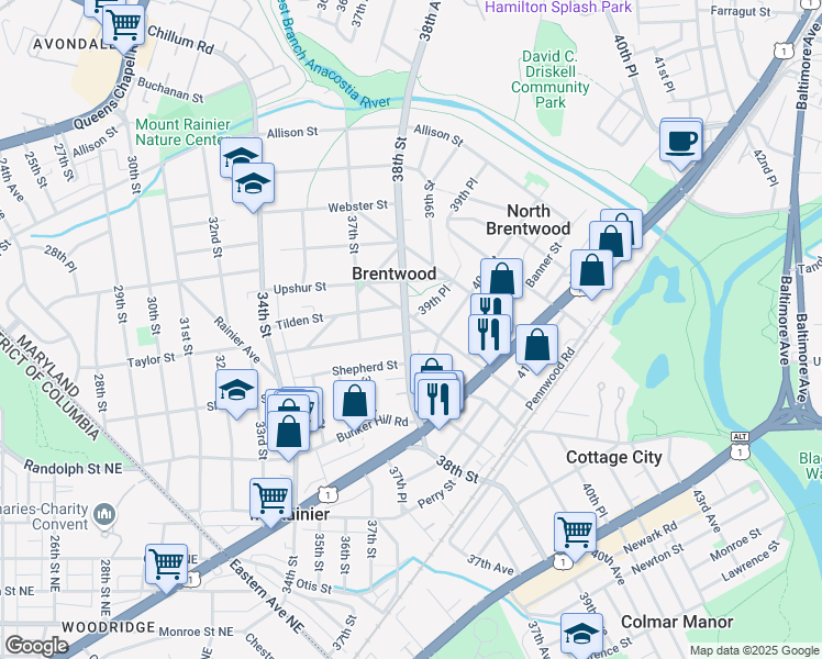 map of restaurants, bars, coffee shops, grocery stores, and more near 3800 Taylor Street in Brentwood