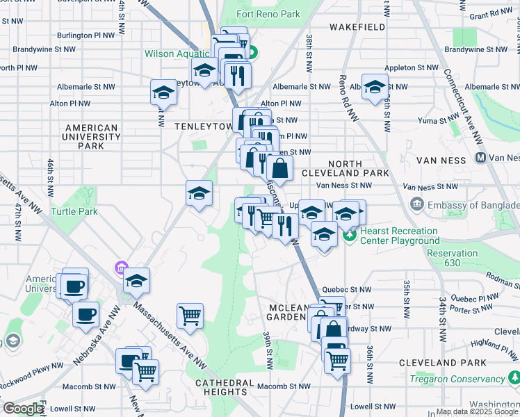 map of restaurants, bars, coffee shops, grocery stores, and more near 3990 Upton Street Northwest in Washington