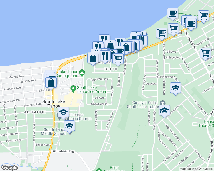 map of restaurants, bars, coffee shops, grocery stores, and more near 1093 Long Valley Avenue in South Lake Tahoe