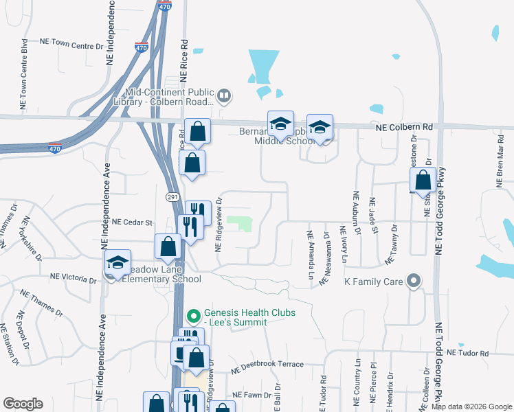 map of restaurants, bars, coffee shops, grocery stores, and more near 1624 Northeast Westwind Drive in Lee's Summit