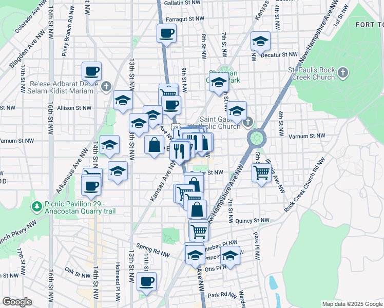 map of restaurants, bars, coffee shops, grocery stores, and more near 845 Upshur Street Northwest in Washington